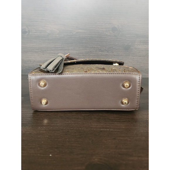 Dark Brown Gold Sunflower Embossed Tooled Artisan LEATHER Crossbody bag - Picture 7 of 15